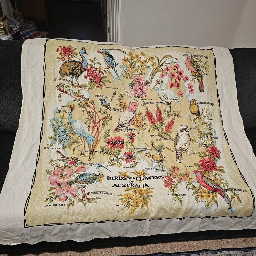 Vintage Australian Bird Tablecloth | Floral Table Linens | Card Table Cover